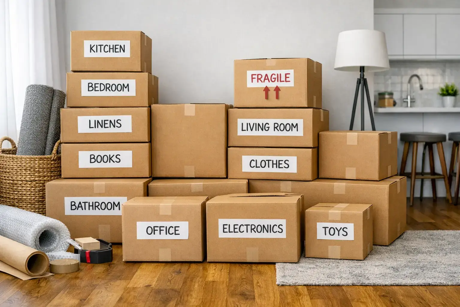 Carefully organized labeled moving boxes stacked neatly in a modern apartment