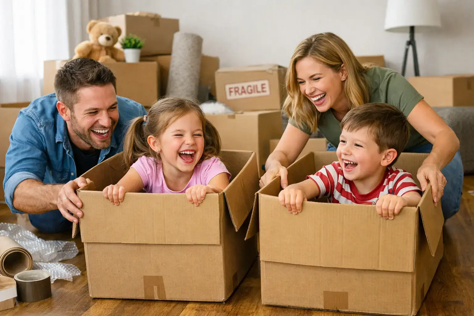 Family laughing and playing inside cardboard boxes while packing a home