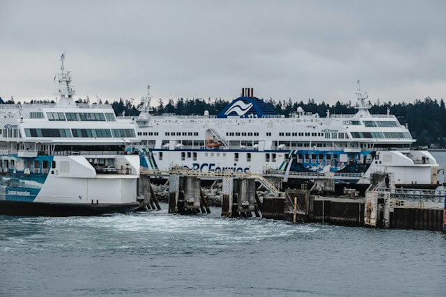 Aerial viewpoint of the Departure Bay Ferry Terminal docking infrastructure in Nanaimo